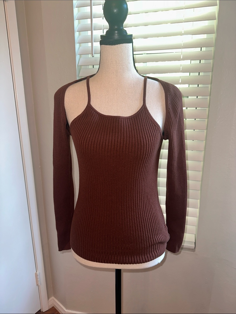 Ribbed Brown Cold-Shoulder Sweater Tank